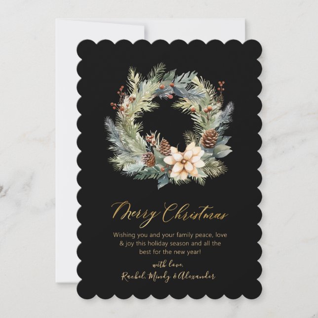 Modern Black Gold Script Wreath Greenery Christmas Holiday Card (Front)