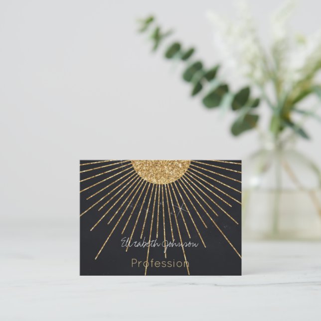 Modern Black Gold Shining Sun Business Card (Standing Front)