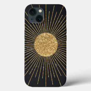 Modern Black Gold Shining Sun iPhone 13 Case