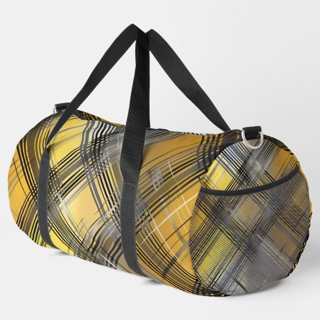 MODERN BLACK GOLD SILVER WIDE PLAID PATTERN DUFFLE BAG (Right Corner)