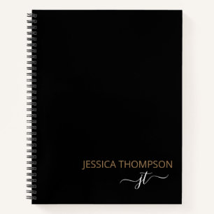 Modern Black Gold Simple Script Monogram Name   Notebook