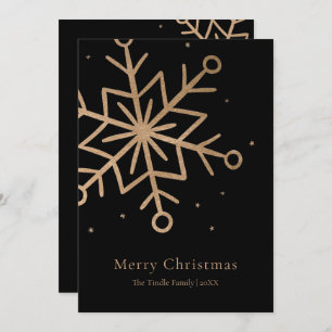 Modern Black Gold Snow Flake Script Christmas Holiday Card