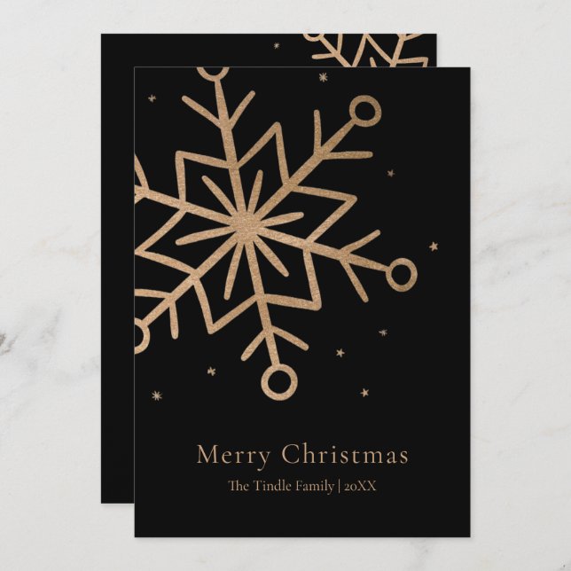 Modern Black Gold Snow Flake Script Christmas    Holiday Card (Front/Back)