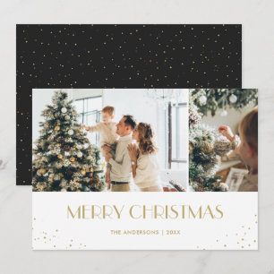 Modern Black Gold Snow Merry Christmas Photo Holiday Card