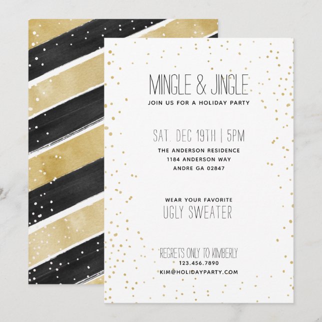 Modern Black & Gold Snowflake Holiday Party Invitation (Front/Back)