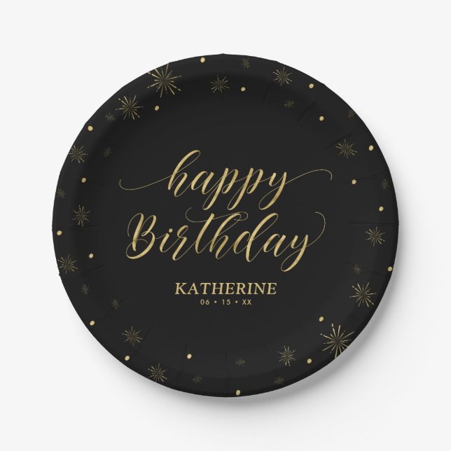 Modern Black & Gold Sparkle Happy Birthday Party Paper Plate (Front)