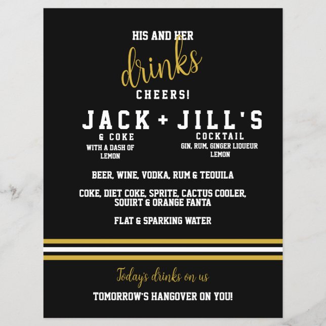 Modern Black Gold Sporty His Her Wedding Drinks (Front)