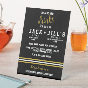 Modern Black Gold Sporty His Her Wedding Drinks Pedestal Sign