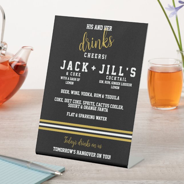 Modern Black Gold Sporty His Her Wedding Drinks Pedestal Sign (In SItu)