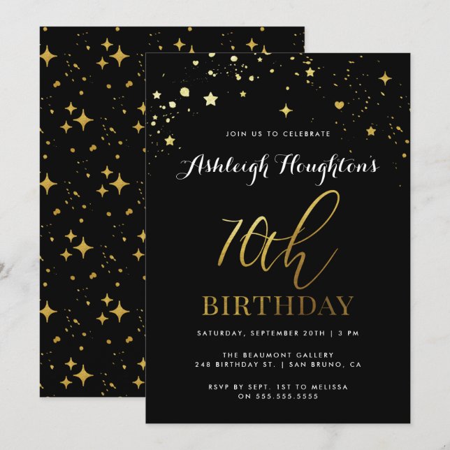 Modern Black & Gold Star Confetti 70th Birthday Invitation (Front/Back)