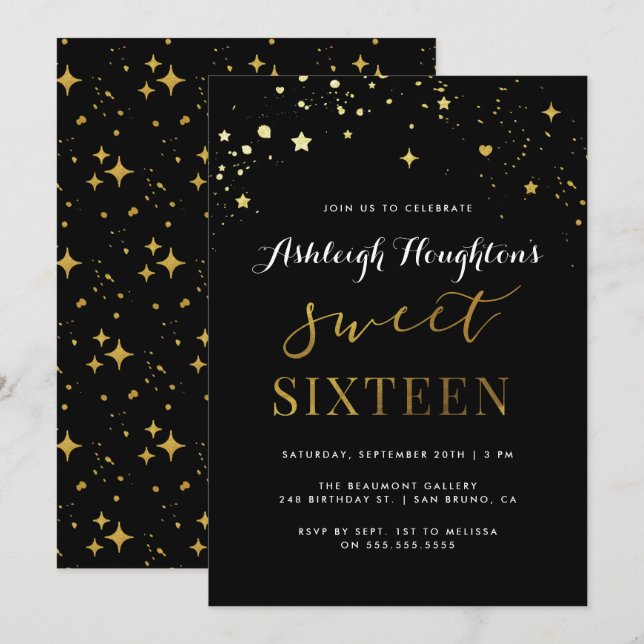Modern Black & Gold Star Confetti Sweet 16 Invitation (Front/Back)
