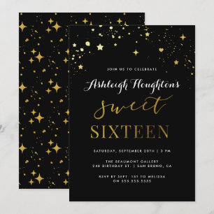 Modern Black & Gold Star Confetti Sweet 16 Invitation