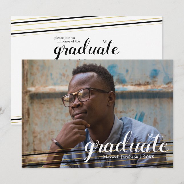 Modern Black & Gold Striped Graduate Party Cards (Front/Back)