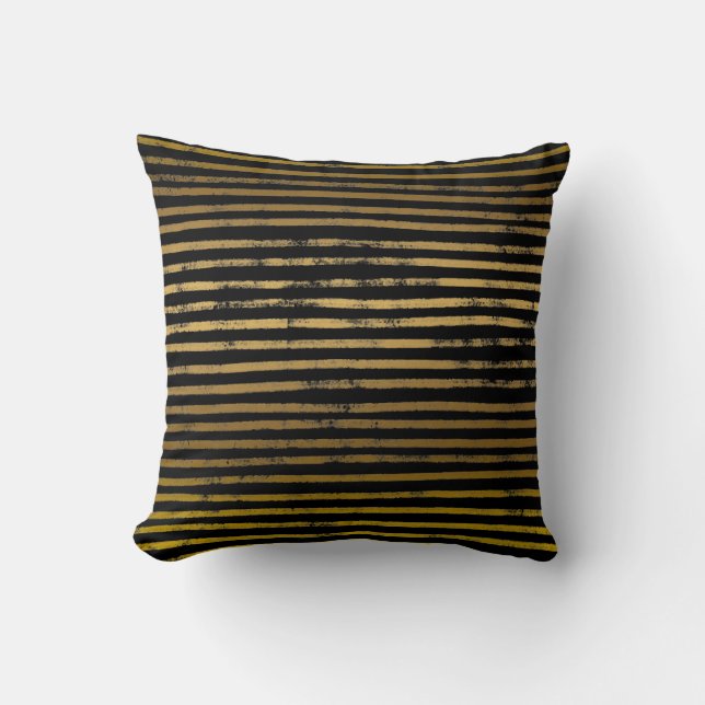 Modern Black Gold Stripes Faux Metallic Grunge Cushion (Front)