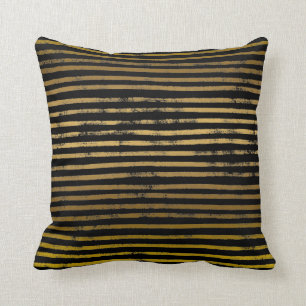 Modern Black Gold Stripes Faux Metallic Grunge Cushion
