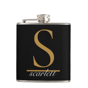 Modern Black Gold Stylish Monogram Girly Script Hip Flask