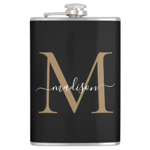 Modern Black Gold Stylish Monogram Girly Script Hip Flask