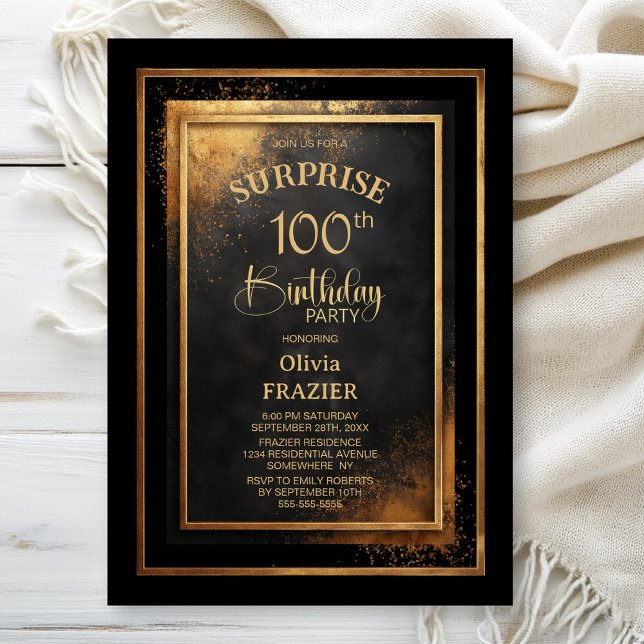 Modern Black Gold Surprise 100th Birthday Party Invitation (Creator Uploaded)