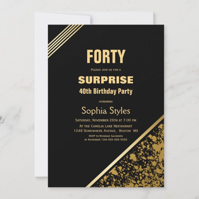 Modern Black Gold Surprise 40th Birthday Party Invitation (Front)