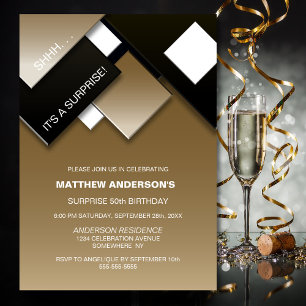 Modern Black Gold Surprise 50th Birthday Party Invitation