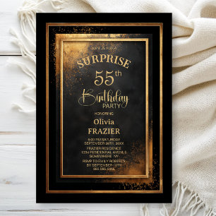 Modern Black Gold Surprise 55th Birthday Party Invitation