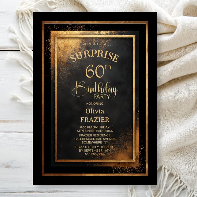 Modern Black Gold Surprise 60th Birthday Party Invitation (Creator Uploaded)