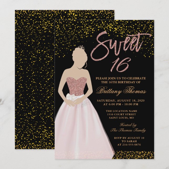 Modern Black & Gold Sweet Sixteen 16 Birthday Invitation (Front/Back)