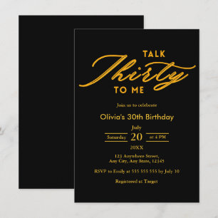 Modern Black Gold Talk Thirty To Me 30th Birthday Invitation