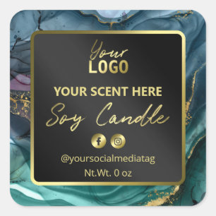 Modern Black Gold Teal Ink Soy Candle Labels