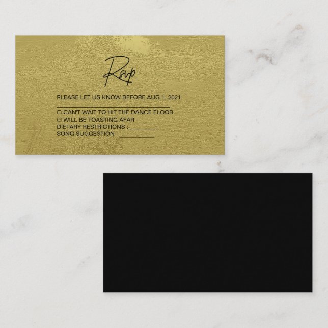Modern Black & Gold Textured Wedding Rsvp Card (Front/Back)