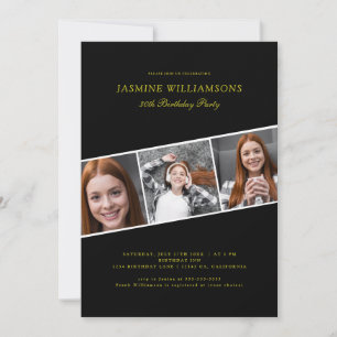 Modern black gold three photo collage birthday  invitation