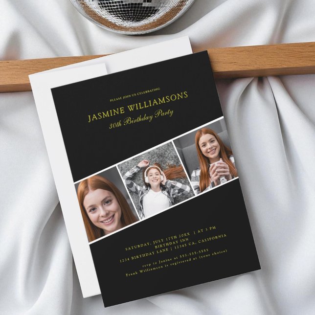 Modern black gold three photo collage birthday  invitation (Creator Uploaded)