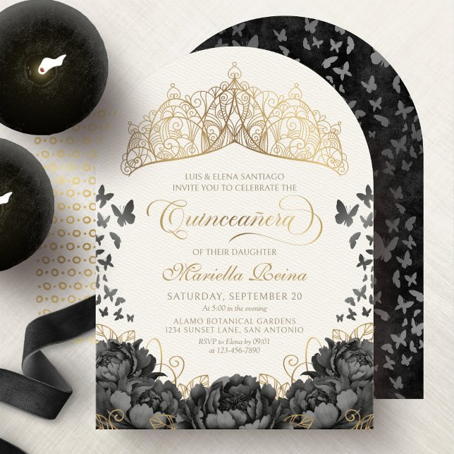 Modern Black Gold Tiara Crown Quinceanera Invitation (Creator Uploaded)