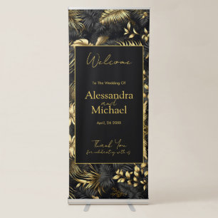 Modern Black Gold Tropical Leaves Wedding Retractable Banner