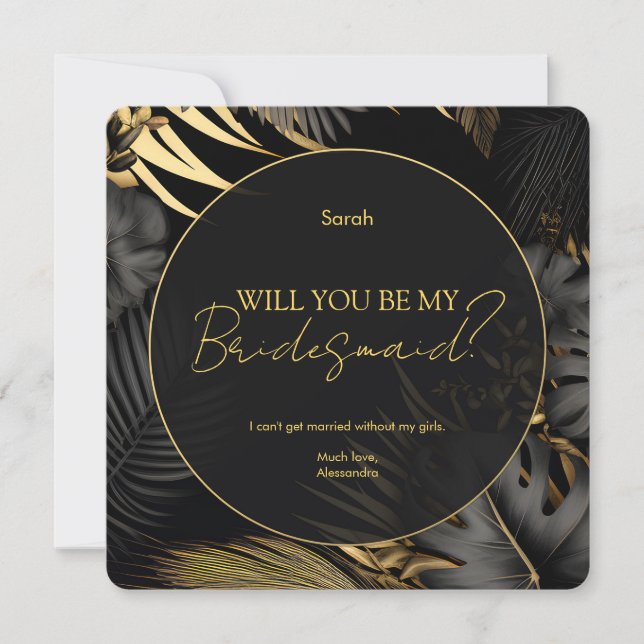 Modern Black Gold Tropical Wedding Bridesmaid Invitation (Front)