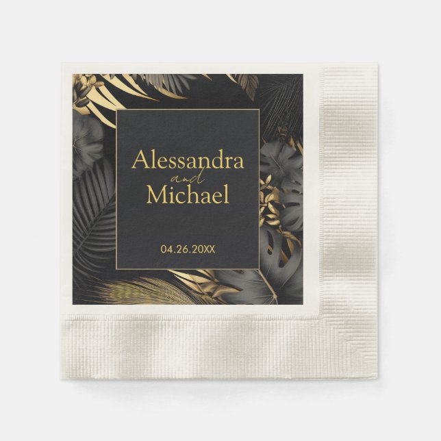 Modern Black Gold Tropical Wedding Save The Dates Napkin (Front)