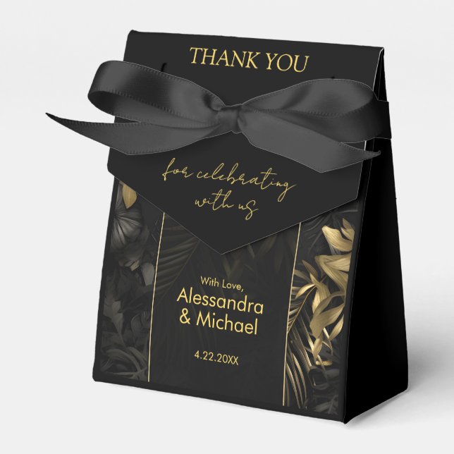 Modern Black Gold Tropical Wedding Thank You Favour Box (Front Side)