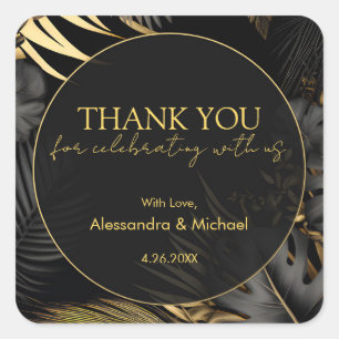 Modern Black Gold Tropical Wedding Thank You Square Sticker