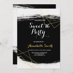 Modern Black & Gold  Watercolor Geometric sweet 16 Invitation
