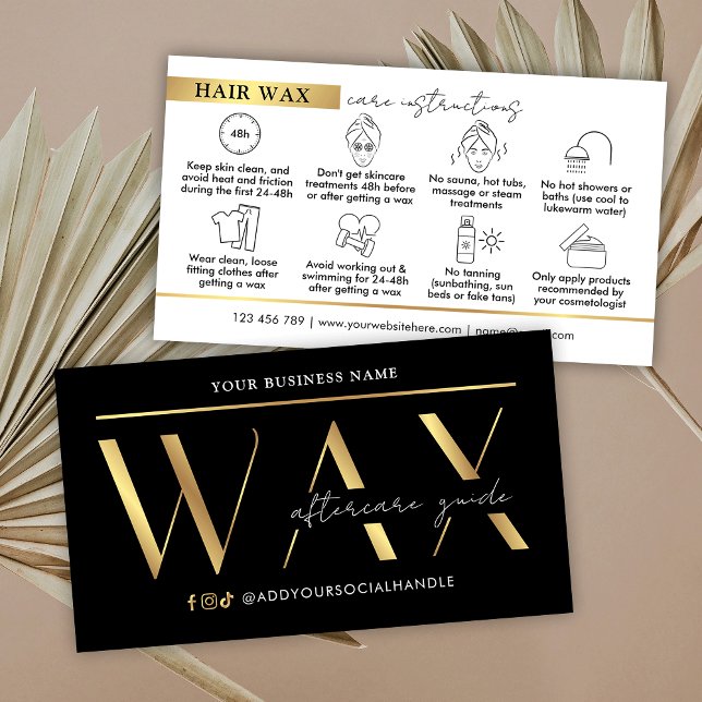 Modern Black & Gold Waxing Aftercare Instructions Business Card (elegant black and gold effect waxing after care instructions cards with icons)