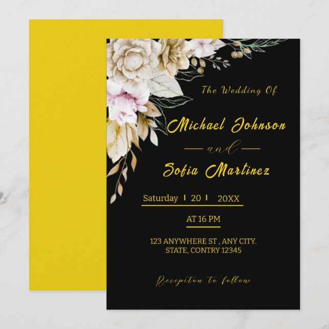 Modern Black & Gold Wedding Invitation | Elegant  (Front/Back)