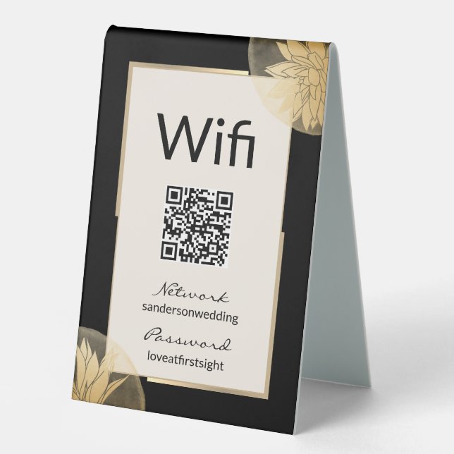 Modern Black Gold Wedding Wifi Details QR Code (Front)