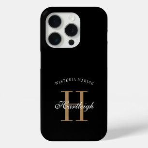 Modern Black Gold White Monogram Name iPhone 15 Pro Case