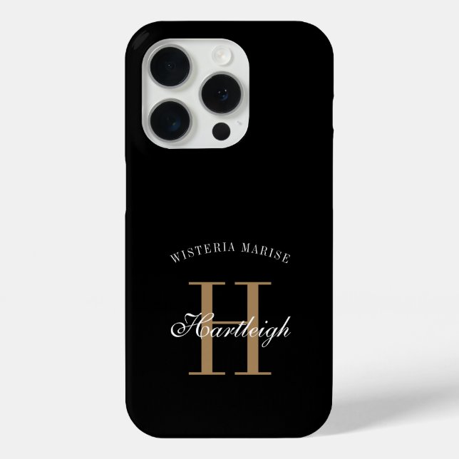 Modern Black Gold White Monogram Name Case-Mate iPhone Case (Back)