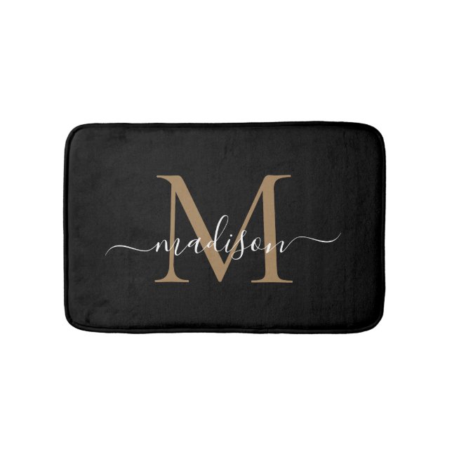 Modern Black Gold White Monogram Script Elegant Bath Mat (Front)