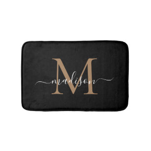 Modern Black Gold White Monogram Script Name Bath Mat
