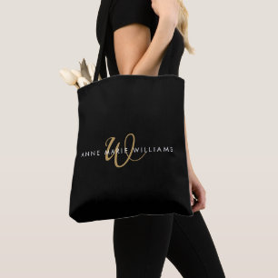 Modern Black Gold White Script Monogram Tote Bag