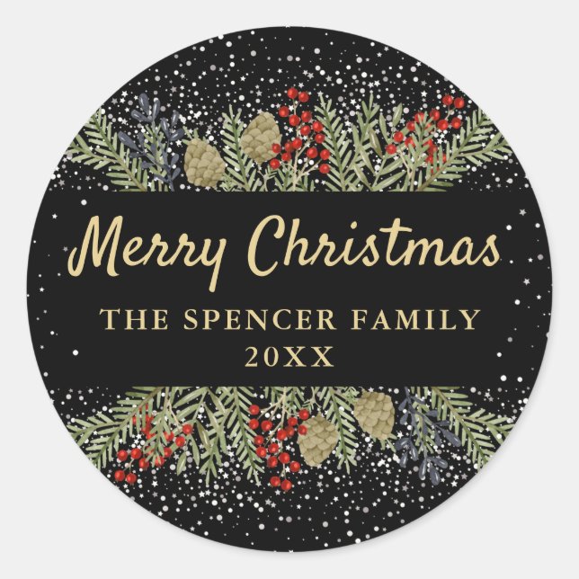 Modern Black Gold Winter Holly Berries Christmas  Classic Round Sticker (Front)