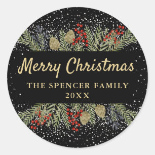 Modern Black Gold Winter Holly Berries Christmas  Classic Round Sticker