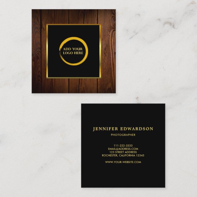 Modern black gold wood pattern add your logo square business card (Front/Back)